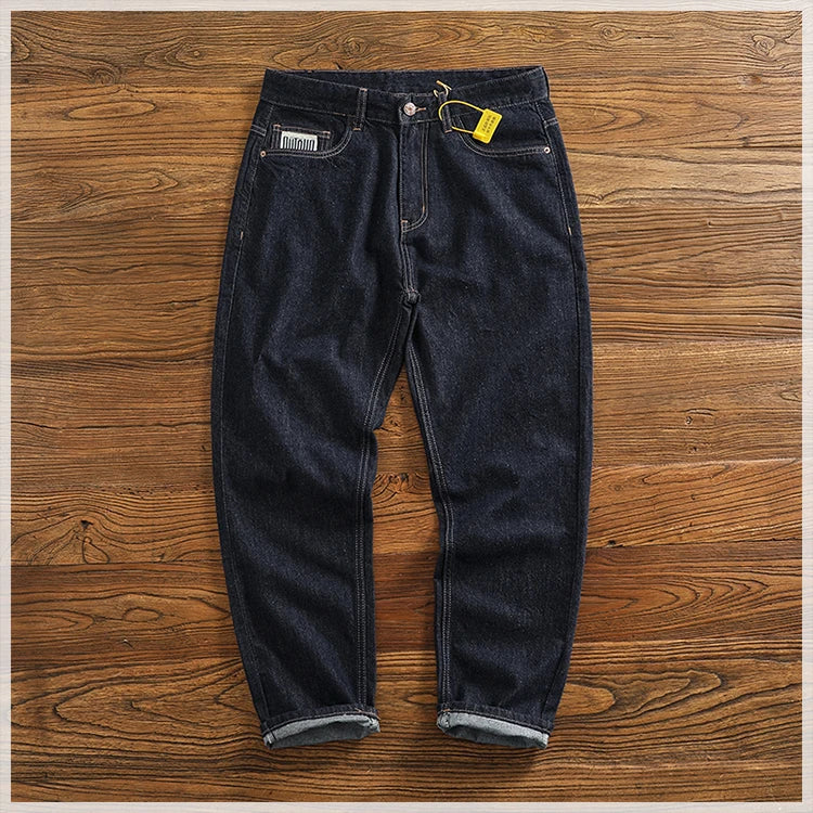 Anti-fading solid color general wash primary color denim jeans men's dark American casual loose straight cone pants