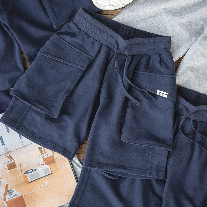 Navy Blue P44 Cargo Joggers Shorts Men Loose Cotton Large Pocket Work Tactical Short Pants Amekaji Casual Knitted Shorts