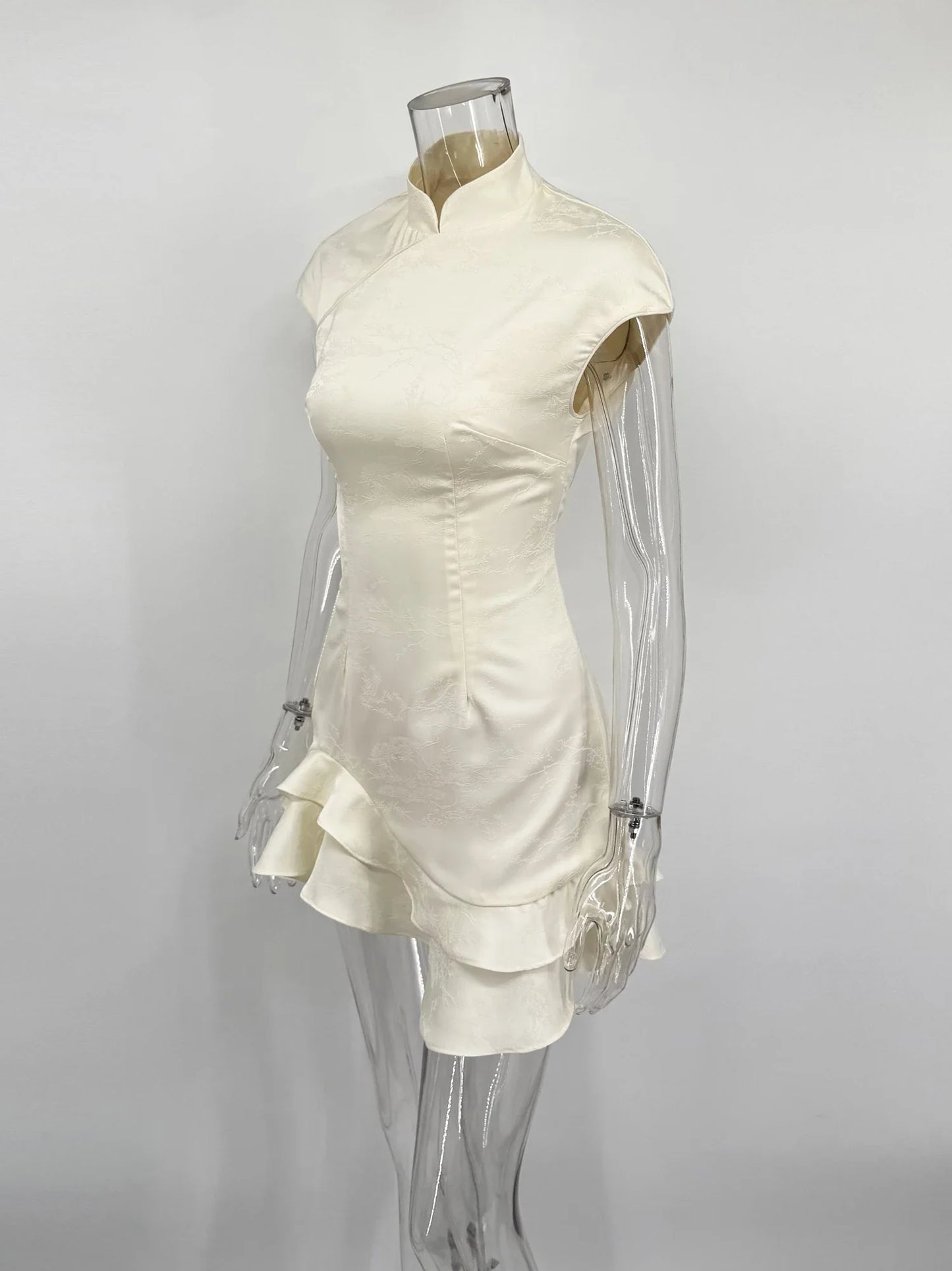 Women's Elegant Satin Evening Dress Fashion Stand Neck High Waist Slim Mini Dresses Party Sexy Short Sleeve Ruffle Dress