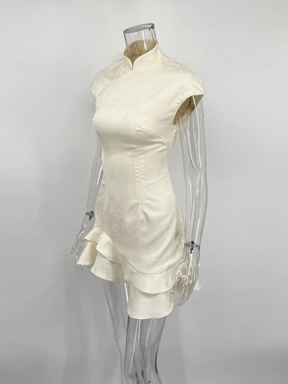 Women's Elegant Satin Evening Dress Fashion Stand Neck High Waist Slim Mini Dresses Party Sexy Short Sleeve Ruffle Dress