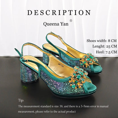 2026 New Green Elegant Women's High Heels Shoes  & Bag Set Rhinestone-Embellished Designer Shoes Perfect for Special Occasionss