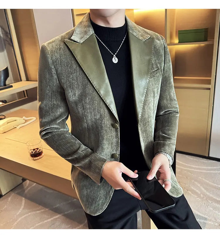 Splicing Leather Neck Fashion Suit Jacket Luxury Men's Business Slim Fit Social Formal Blazers Coats Wedding Groom Tuxedos 5XL-M