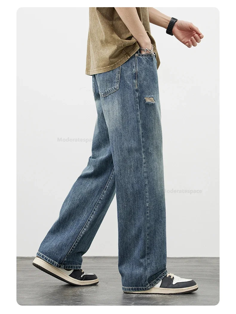Korea Baggy Jeans Men's Vintage Straight Ripped Y2k Pants Fashion Frayed High Street Distressed Denim Trousers Male Clothes