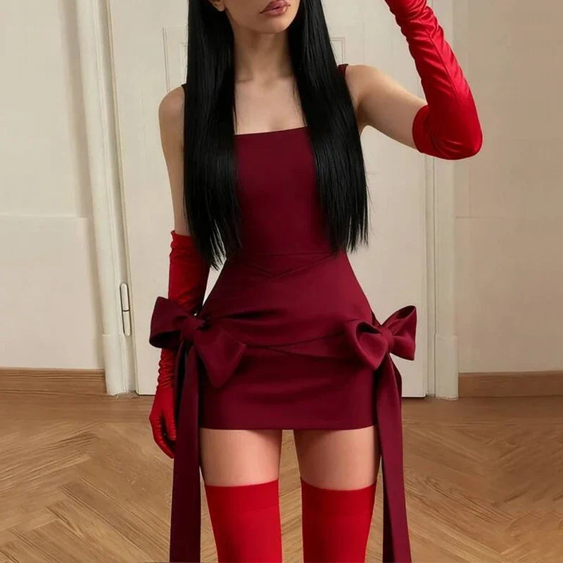 Fashion Red Bowknot Mini Dress Straps Square Collar Sleeveless Backless Vintage Cute Ladies Slim Party Short A-line Dresses