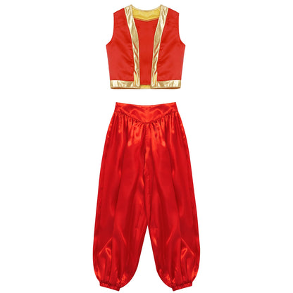 Boys Girls Prince Costume Arabian Prince Fairy Tale Character Cosplay Suits Belly Dance Golden Trim Vest with Satin Bloomer Set