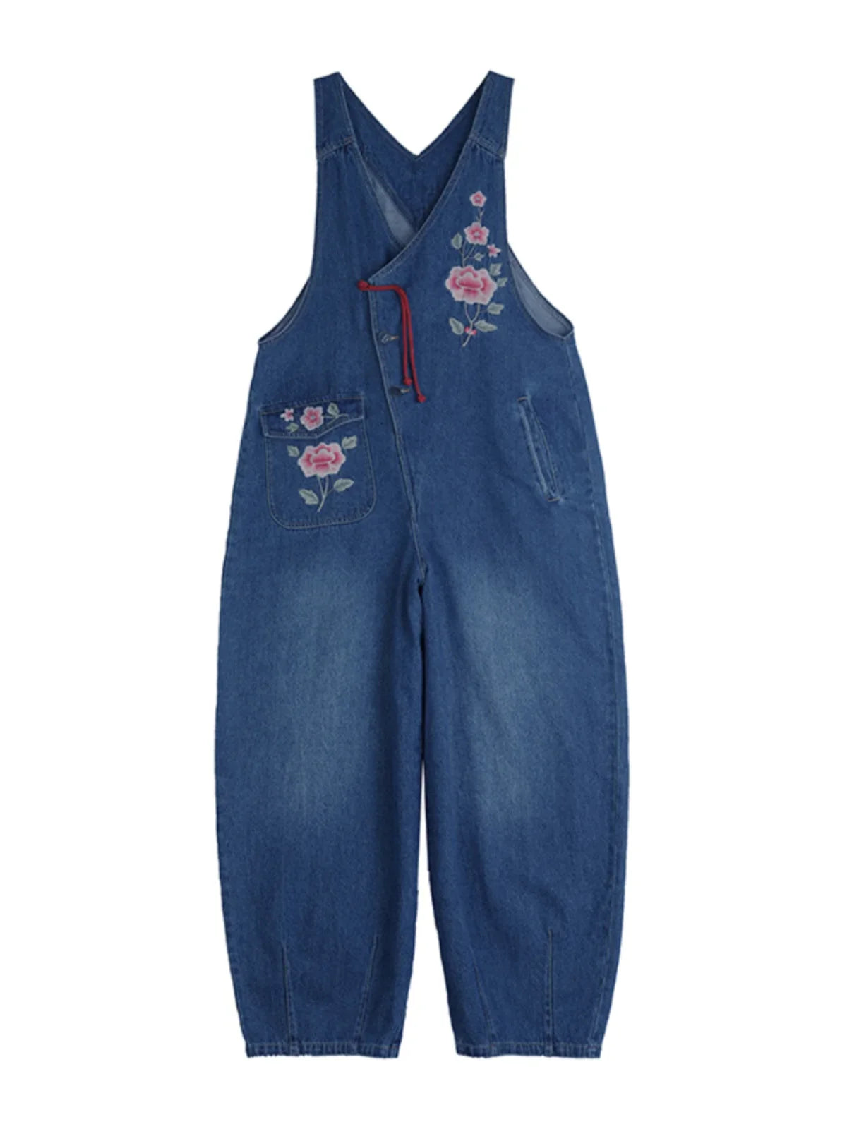 Spring 2025 New Vintage Large Size Loose Embroidered Denim Overalls High Waist Long Pants Women's Faion Casual Jeans