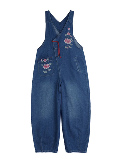 Spring 2025 New Vintage Large Size Loose Embroidered Denim Overalls High Waist Long Pants Women's Faion Casual Jeans