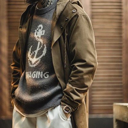 Retro M51 Hooded Windbreaker Loose Fit Cotton Zipper Mid-length Jacket Versatile Solid Color Outerwear for Men's Autumn