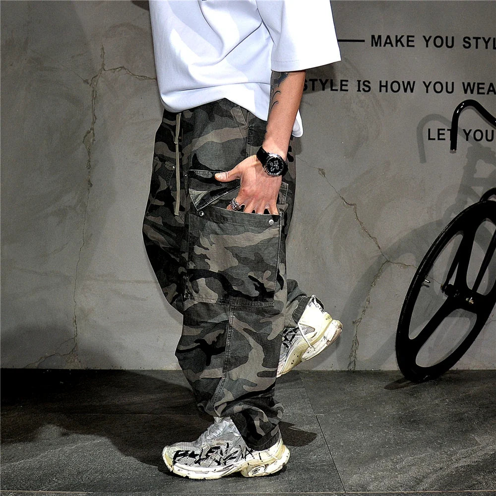 Mens American Tactical Cargo Pants Premium Camo Baggy Loose Fit Vintage Streetwear Korean Style Trendy Workwear Khaki Pants Male
