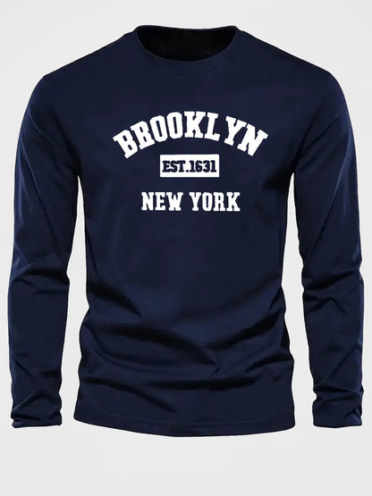 Men's 100% pure cotton loose and comfortable sports and leisure Brooklyn print round neck long sleeved T-shirt top