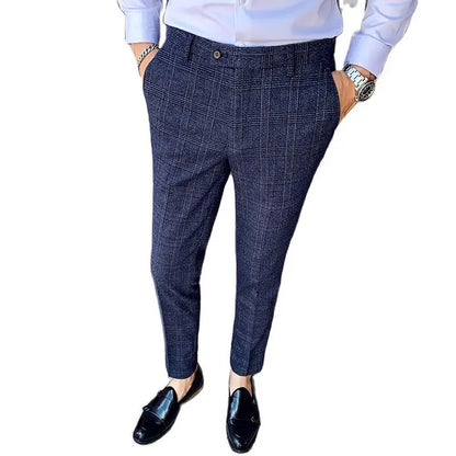 Coffee Brown Men Striped Plaid 3-Piece, Dark Blue Wedding Party Slim Fit Blazers Jacket and Vest with Pants, Asian Size M-5XL