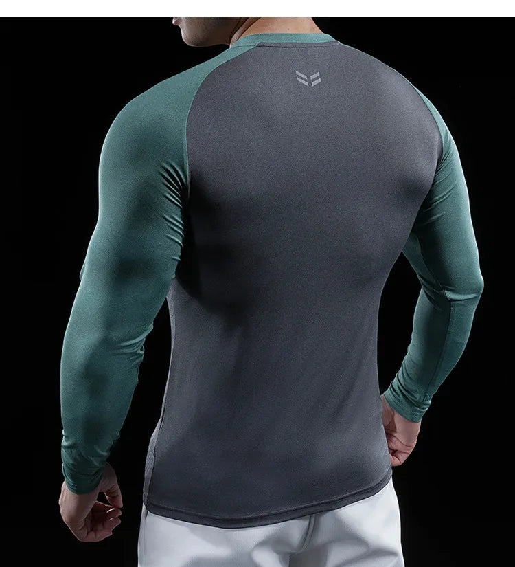 Autumn Winter Men Gym Fitness Display Long Sleeve T-Shirt Crew Neck Elastic Moisture Wicking Tights Running Training Bottom Top