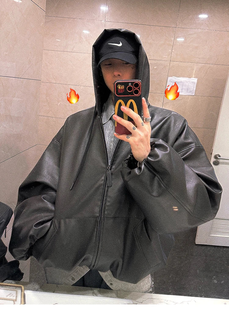 Spring Autumn Short Oversized Black Soft Pu Leather Jacket Men with Hood Zipper Loose Casual Korean Fashion Clothes