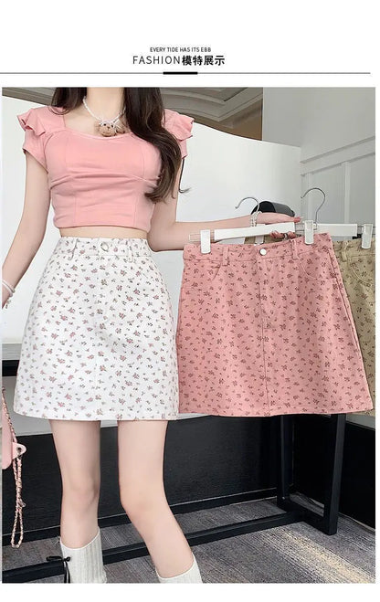 Floral Skirts Women Denim Mini A-line Sweet High Waist Korean Fashion Age-reducing Summer Lovely Girls Tender Temperament Ins