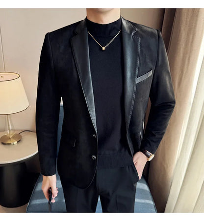 High Quality Deerskin Velvet Splicing Leather Collar Suit Blazers Men Casual Business Slim Coats Mens Social Wedding Clothing
