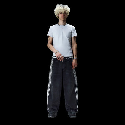 Y2K American Retro High Waisted Jeans Loose Wide Leg Pants Harajuku Style Street Striped Gothic Niche Design Casual Pants