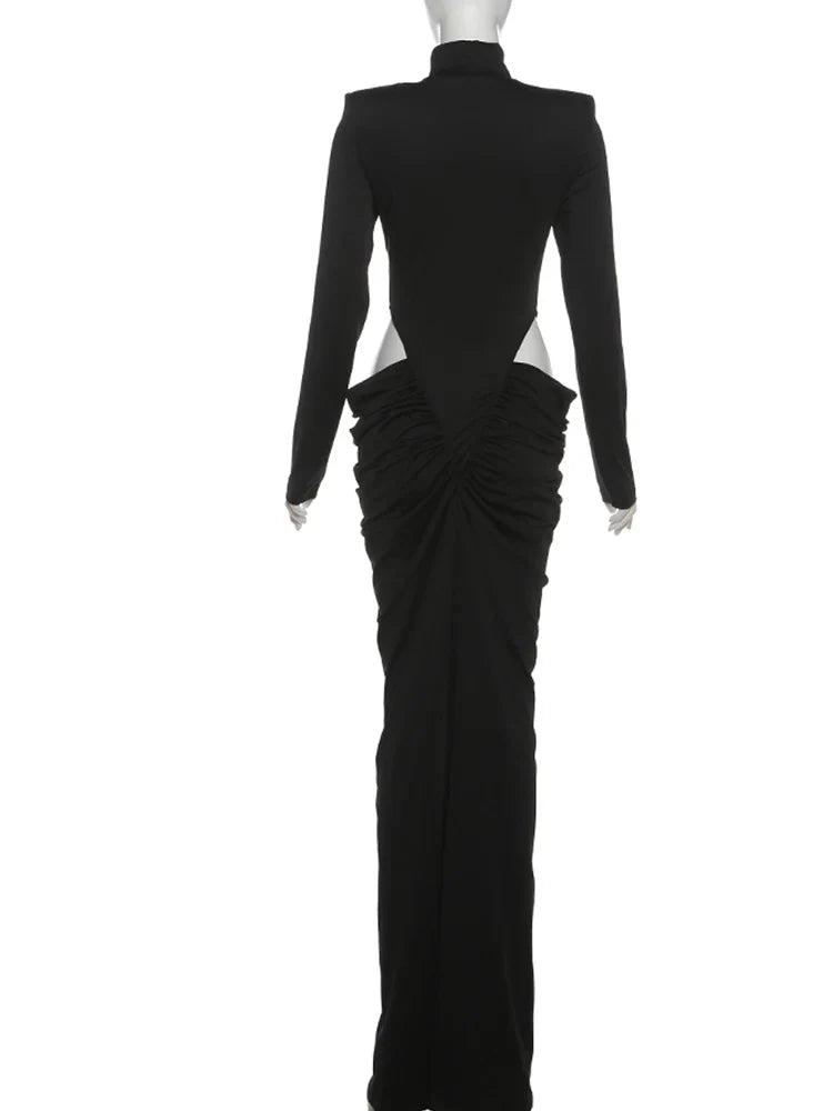 Nibber Hipster Waistless Ruched Elegant Dress Woman Autumn Style Turtleneck Full Sleeve Hollow Design Prom Party Long Bodycon