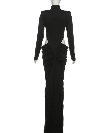 Nibber Hipster Waistless Ruched Elegant Dress Woman Autumn Style Turtleneck Full Sleeve Hollow Design Prom Party Long Bodycon