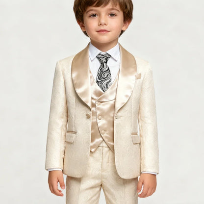 2026 New Boys Jacquard Suit Set 3 Pieces For Formal Occasion Stylish Elegant Satin Collar Kids Suits Wedding Ring Bearer Outfit