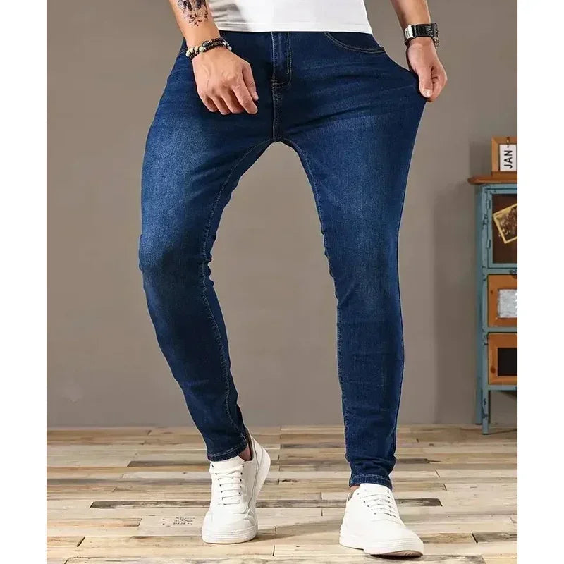 Men Narrow Leg Jeans Male Straight Leg Slim Pencil Denim Pants Classic Casual Daily Stretch Skinny Trousers