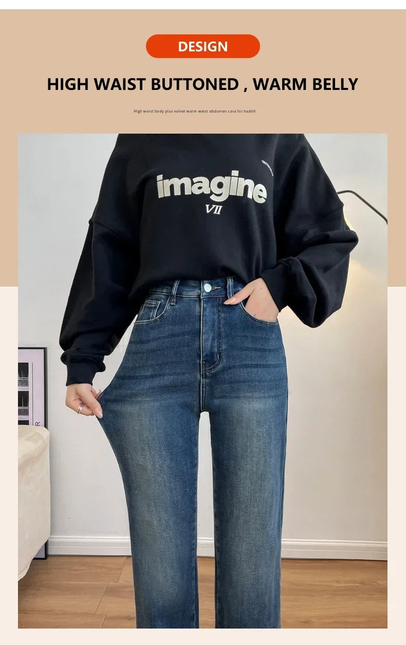 Winter Thickened Women's Mink Velvet Jeans Loose Straight Warm Soft Fleece Fashion Elastic High Waist Female Pants Black Blue