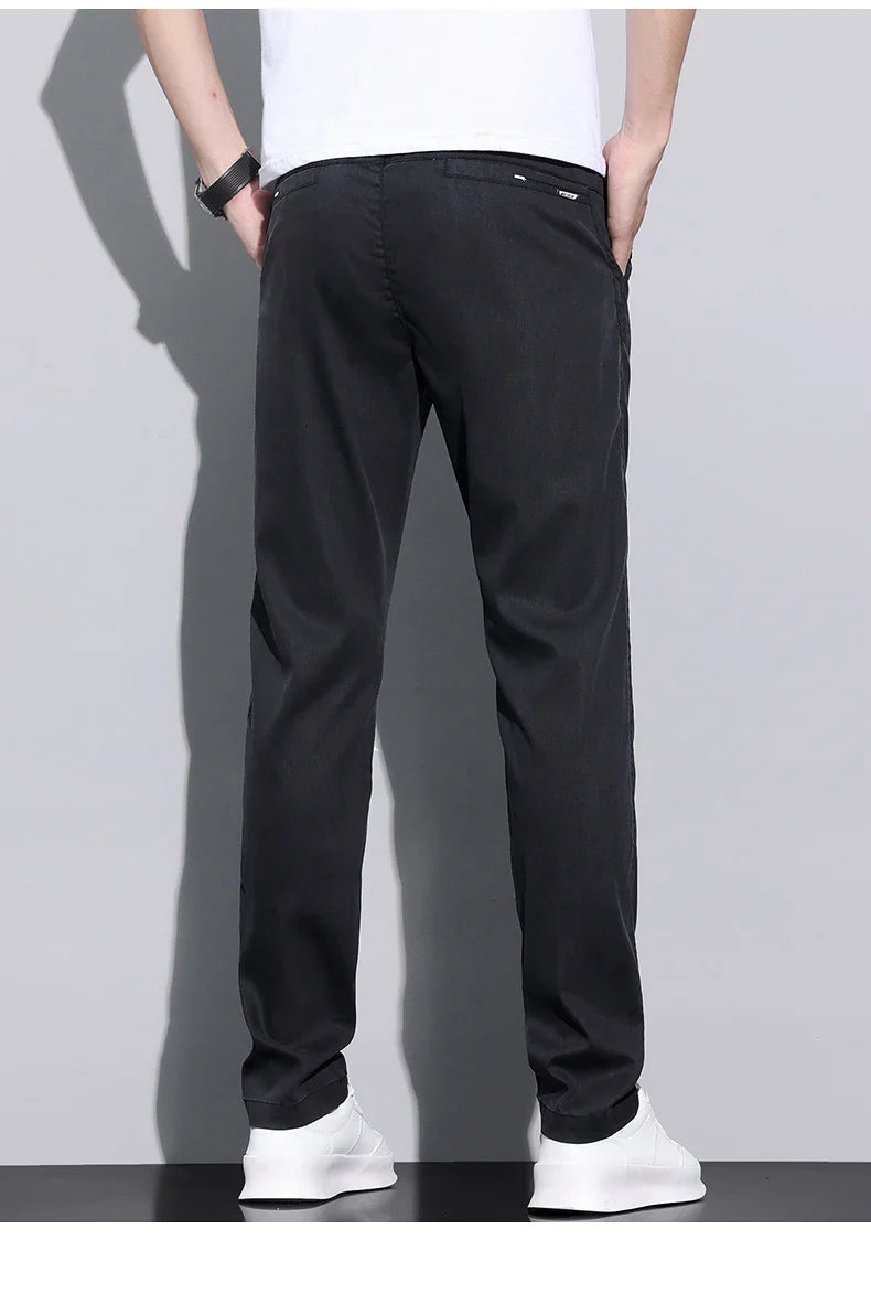 Fiber Fabric Summer Men's Casual Pants Fashion Thin Soft Breathable Elastic Business Slim Straight Trousers Black Gray