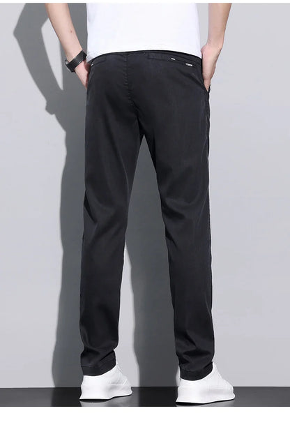 Fiber Fabric Summer Men's Casual Pants Fashion Thin Soft Breathable Elastic Business Slim Straight Trousers Black Gray