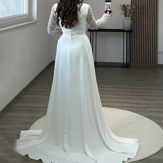 Luxury Square Collar Evening Dress Beading Lace Mermaid Floor Length with Sweep Train Customized Long Sleeve فستان سهرة نسائي