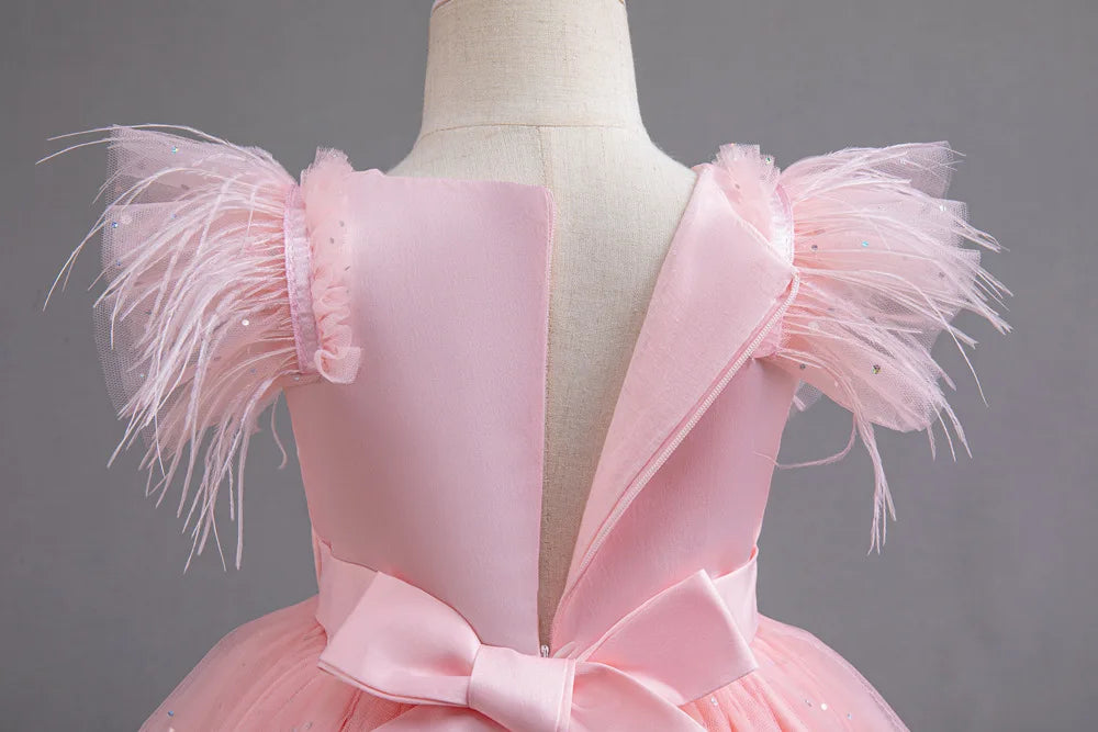 Summer Girls' New Bow Sequin Flying Sleeves Mesh Fluffy Skirt Piano Competition School Graduation Ceremony Dress