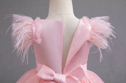 Summer Girls' New Bow Sequin Flying Sleeves Mesh Fluffy Skirt Piano Competition School Graduation Ceremony Dress