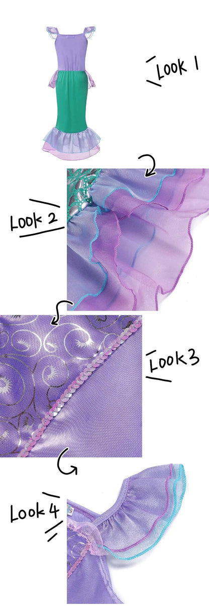 2025 Girls Mermaid Dress Princess Cosplay Party Costumes Summer Purple Elegant Flying Sleeve Fancy Dresses For 2-10Y Kids