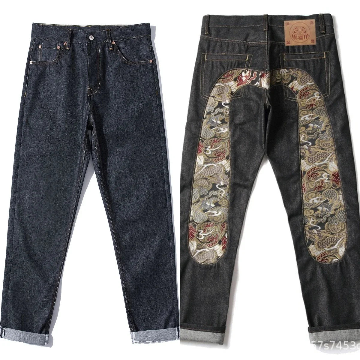 Men's Japanese Handmade Embroidered Jeans Pure Cotton Straight Tube Hip-Hop Popular Slim Red Ears Show Thin Trousers Devil Black