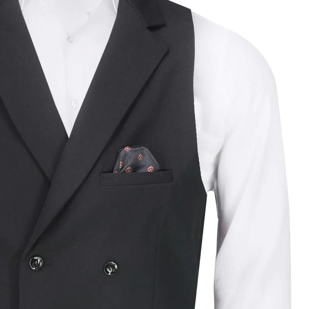 Men Vest Black Solid Double Button With Lapel Waistcoat For Business Wedding Party Banquet Prom Daily Casual Men Suit Vest