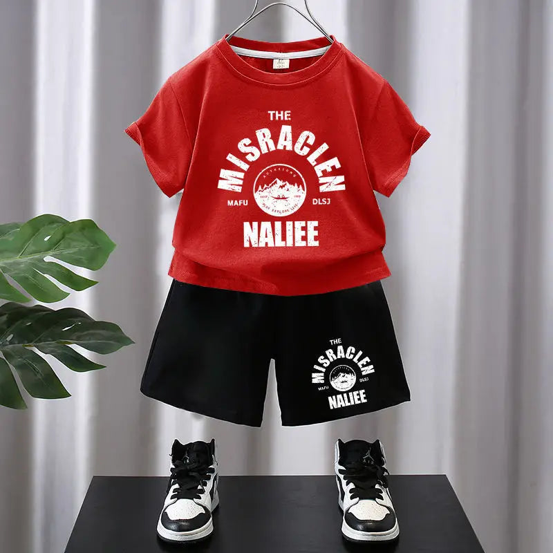 Summer Boys Cotton Leisure Print T-Shirt Top+Shorts Pant Contrast Set School Kids 2PCS Tracksuit Children Vacation Outfit 5-16Yr