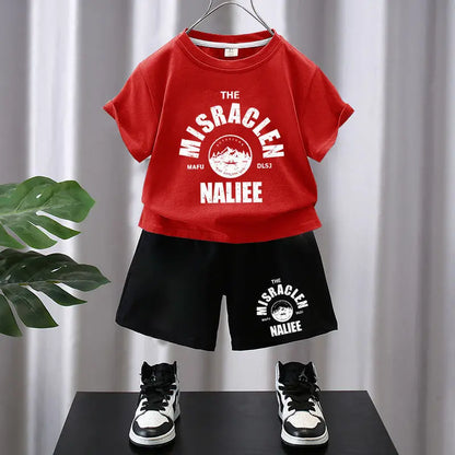 Summer Boys Cotton Leisure Print T-Shirt Top+Shorts Pant Contrast Set School Kids 2PCS Tracksuit Children Vacation Outfit 5-16Yr
