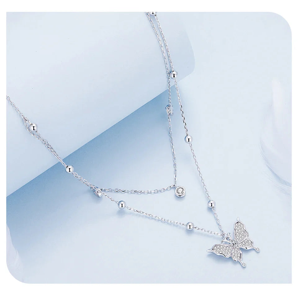 925 Sterling Silver Double-layer Tassel Butterfly Pendant Necklace for Women Engagement Gift Fine Jewelry BSN308