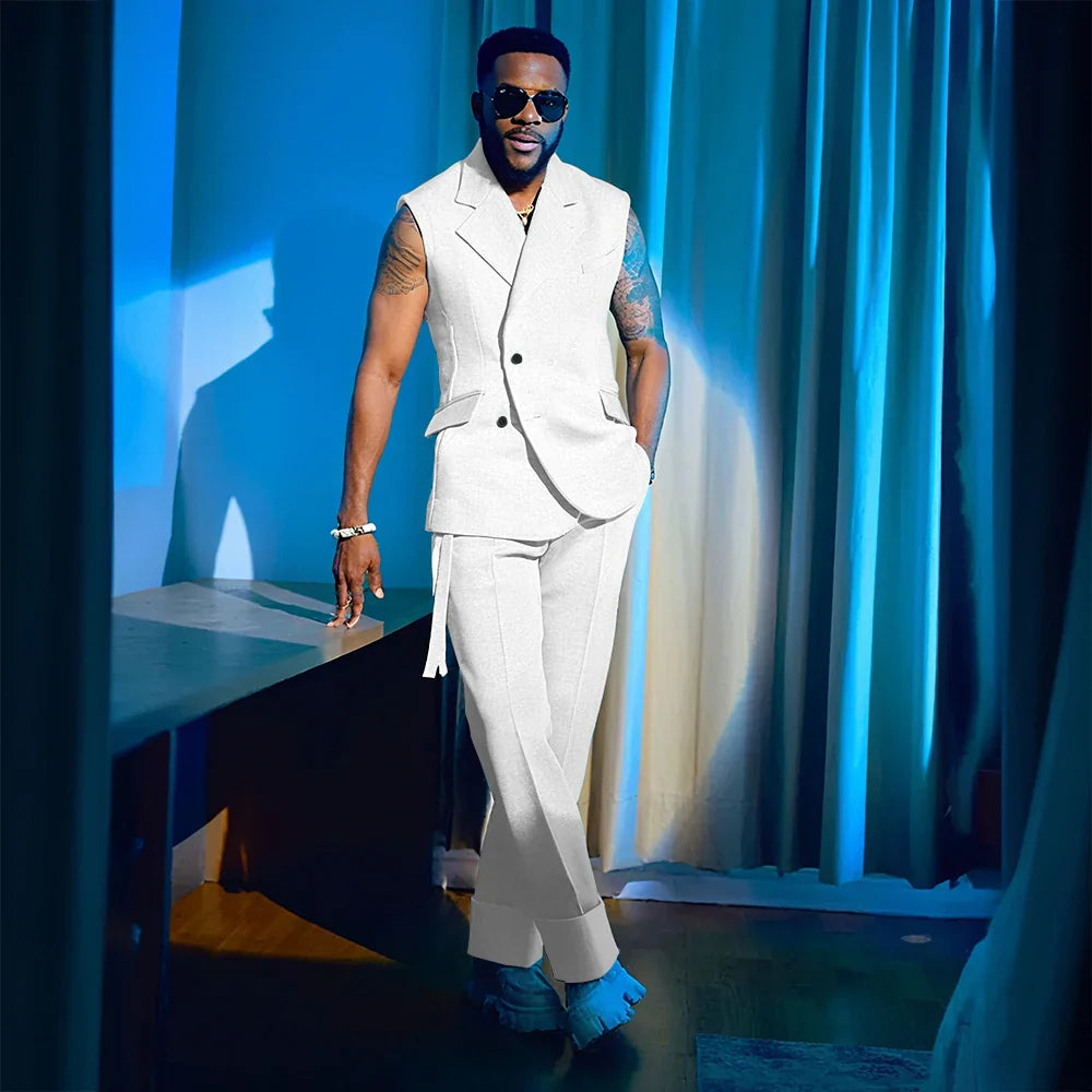 2025 Summer Hot 2 Pieces Jacket Pants Single Breasted Notch Collar High Quality Business Male Clothing Sleeveless Fashion