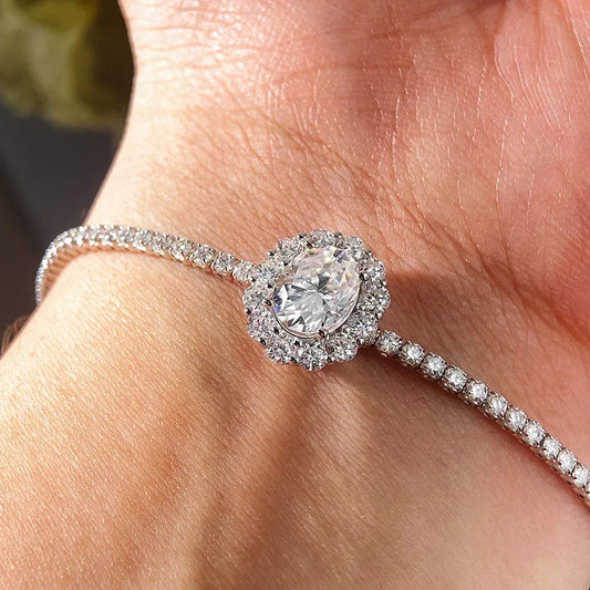 Bracelet de tennis 2mm entièrement en moissanite avec pendentif ovale halo de 2 carats en diamant chaîne de poignet en argent S925, bijoux fins pour femmes