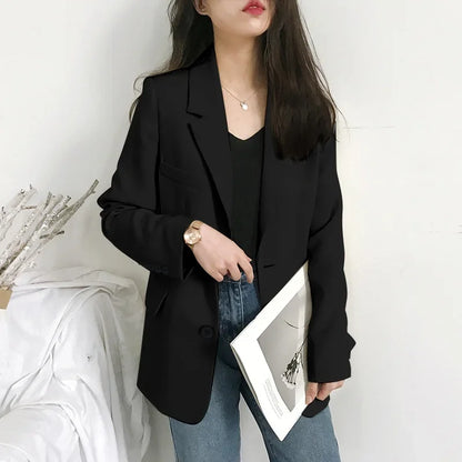 Elegant Casual Loose Long Sleeve Women's Small Suit Jacket Korean Style Spring Autumn Chic Polyester Fiber Button Decoration