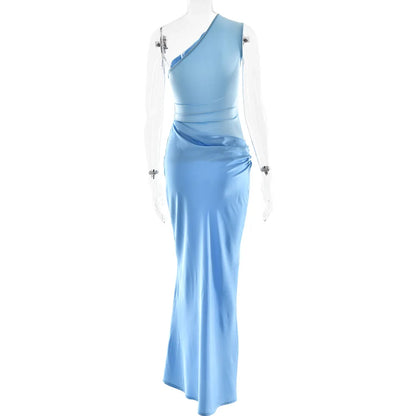 Patchwork Satin Sexy Dress Women One Shoulder Brown Sleeveless Evening Maxi Dress 2025 New Summer Elegant Party Clubwear Dresses