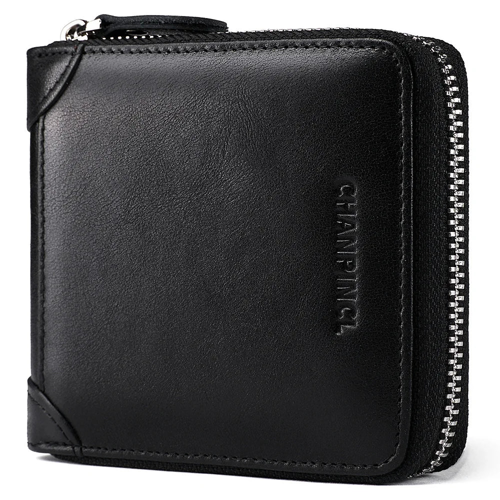 Men's Genuine Cowhide Leather Short Zipper Wallet – RFID Blocking & Gift Box