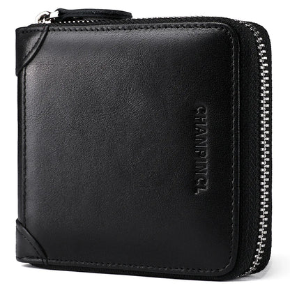Men's Genuine Cowhide Leather Short Zipper Wallet – RFID Blocking & Gift Box