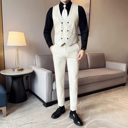 ( Vest + Pants) Double-breasted Striped With Pants Men Business Slim Fit Suit Vest 2 pieces Formal Groom Wedding Dress Vest