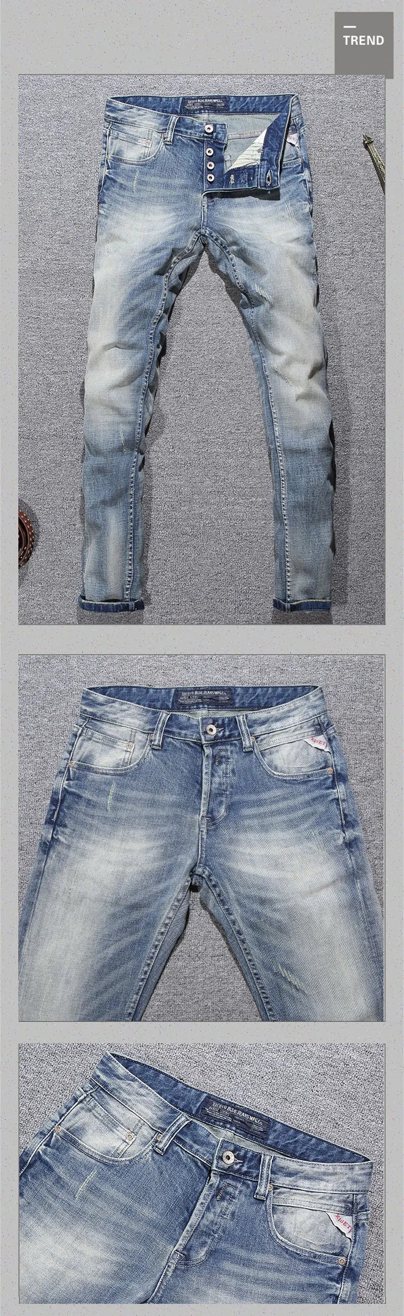 Italian Style Fashion Men Jeans Retro Light Blue Elastic Slim Fit Ripped Jeans Men Buttons Trousers Vintage Designer Denim Pants
