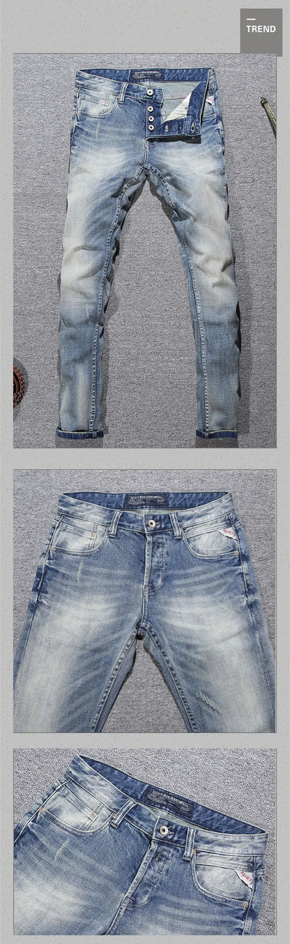 Italian Style Fashion Men Jeans Retro Light Blue Elastic Slim Fit Ripped Jeans Men Buttons Trousers Vintage Designer Denim Pants