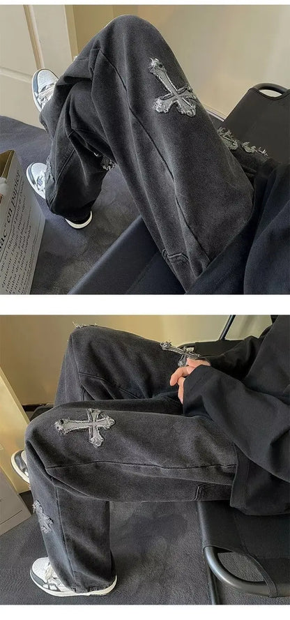 Cross Embroidery Y2k Jeans Mens Straight Denim Pants Casual Vintage Jeans Versatile Fashion Streetwear Spring High Street Pants