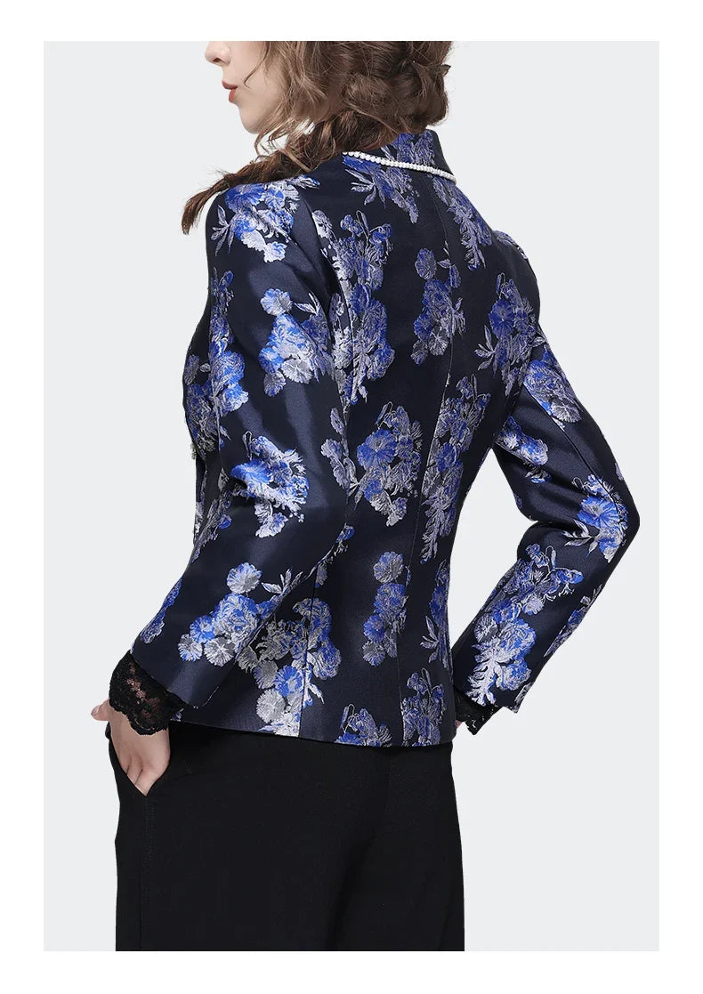Vintage Blue Floral Jacquard Women Blazer 2023 Autumn New Suit Collar Jacket Elegant Slim Beaded Casual Blazers Coat