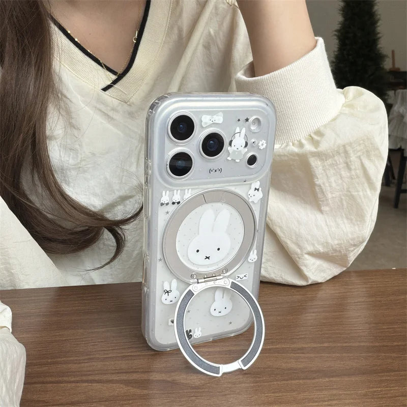 Rabbit 360° Rotatable Stand Phone Case Clear Glitter Shockproof Cover For iPhone 15 16 17 Pro Max For Girls