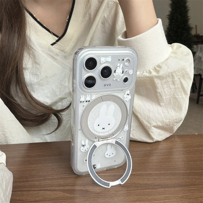 Rabbit 360° Rotatable Stand Phone Case Clear Glitter Shockproof Cover For iPhone 15 16 17 Pro Max For Girls