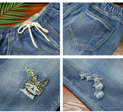 2025 Fashion Summer Streetwear Denim Trousers Ladies Vintage Elastic Jeans Womens Casual Loose Embroidery Harem Pants